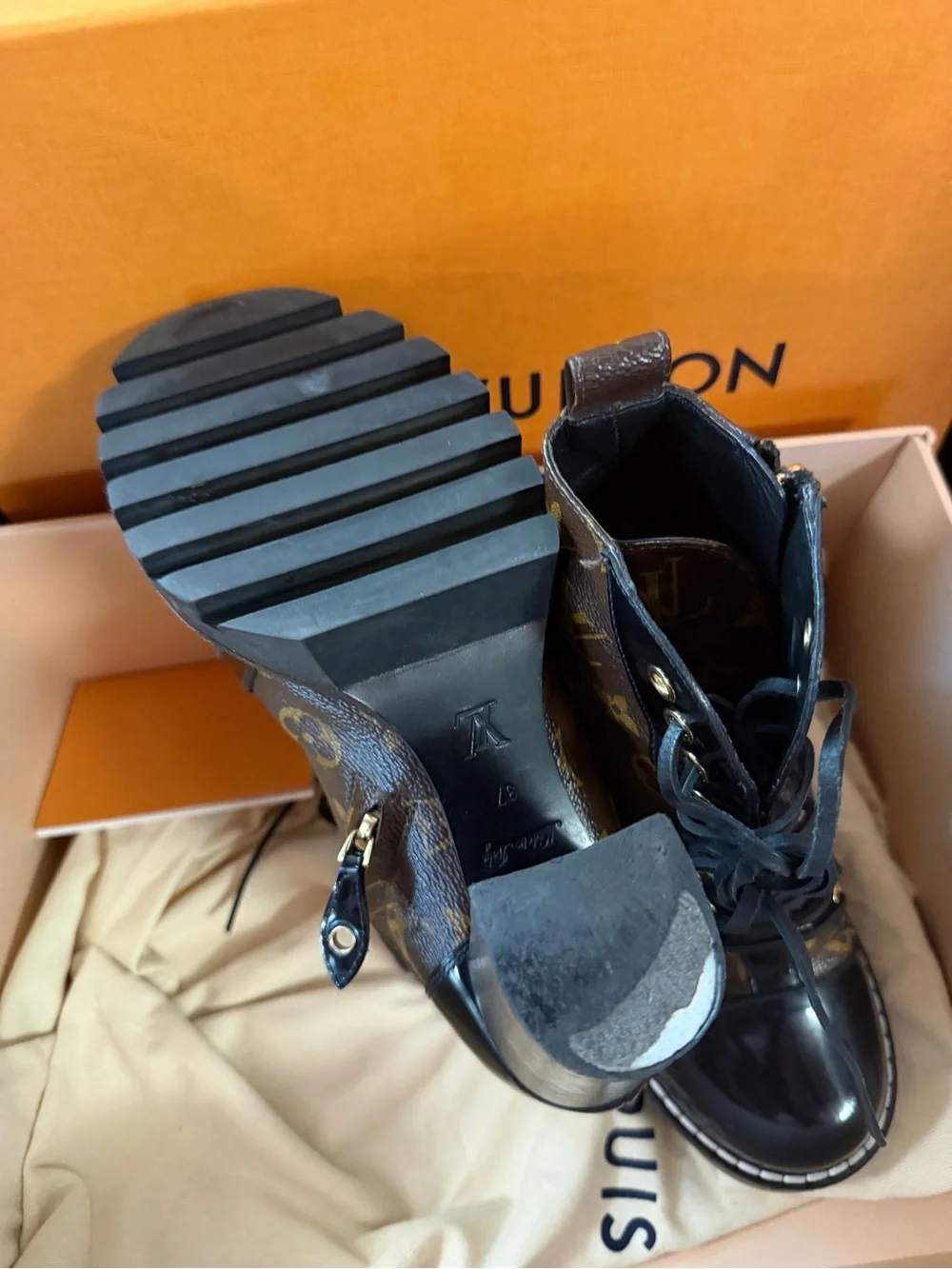Louis Vuitton Brown Monogram Patent Trim Lace-Up Chunky Heel Boots